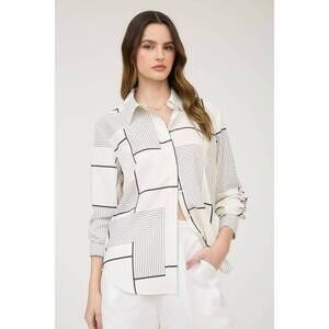 NEW THE WORKSHOP geo pattern collared long sleeve button down shirt in white